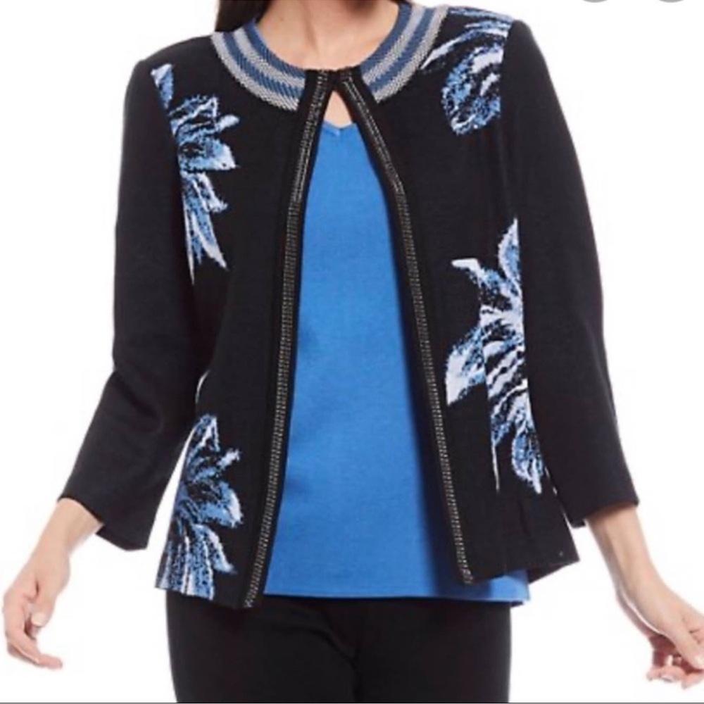 New MING WANG Double Chain Black‎ Blue White Floral Knit Jacket Plus Size 3X NWT